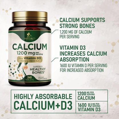 Calcium 1200 mg mit Vitamin D3 - pro Portion - Knochengesundheit Nahrungsergänzung - Vitamin D & Calcium Kapseln für Frauen & Männer - Knochenstärke Unterstützung - Natürliche Calcium Tabletten - Hergestellt in den USA - 240 Tabletten
