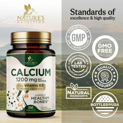 Calcium 1200 mg mit Vitamin D3 - pro Portion - Knochengesundheit Nahrungsergänzung - Vitamin D & Calcium Kapseln für Frauen & Männer - Knochenstärke Unterstützung - Natürliche Calcium Tabletten - Hergestellt in den USA - 240 Tabletten