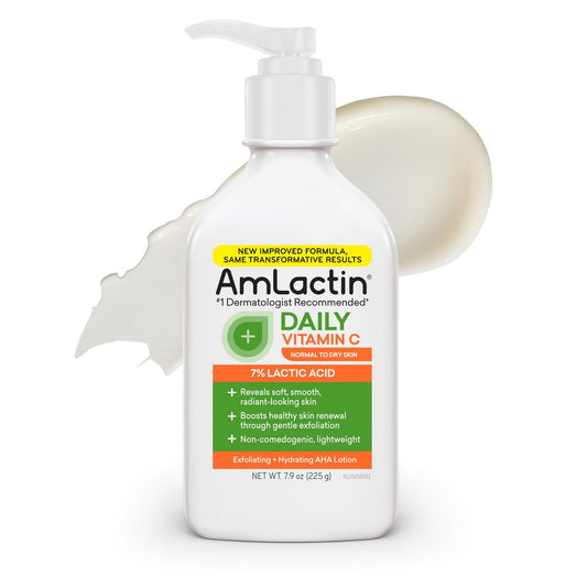 AmLactin Tägliche Vitamin C Lotion – Aufhellende Körperlotion für trockene Haut – Peelingfreier Exfoliator und Feuchtigkeitsspender mit 7% Milchsäure AHA und Vitamin C, 223 ml (Verpackung kann variieren)