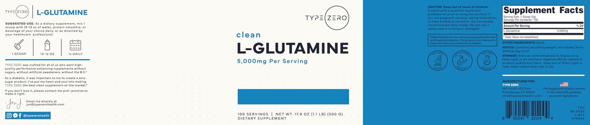Type Zero L-Glutamin-Pulver (500 g) – 3-Monats-Vorrat reines L-Glutamin, vegan, glutenfrei, ohne Füllstoffe