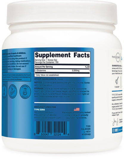 Type Zero L-Glutamin-Pulver (500 g) – 3-Monats-Vorrat reines L-Glutamin, vegan, glutenfrei, ohne Füllstoffe