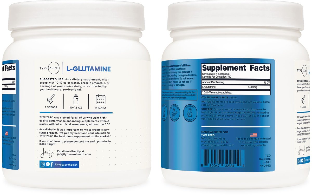 Type Zero L-Glutamin-Pulver (500 g) – 3-Monats-Vorrat reines L-Glutamin, vegan, glutenfrei, ohne Füllstoffe