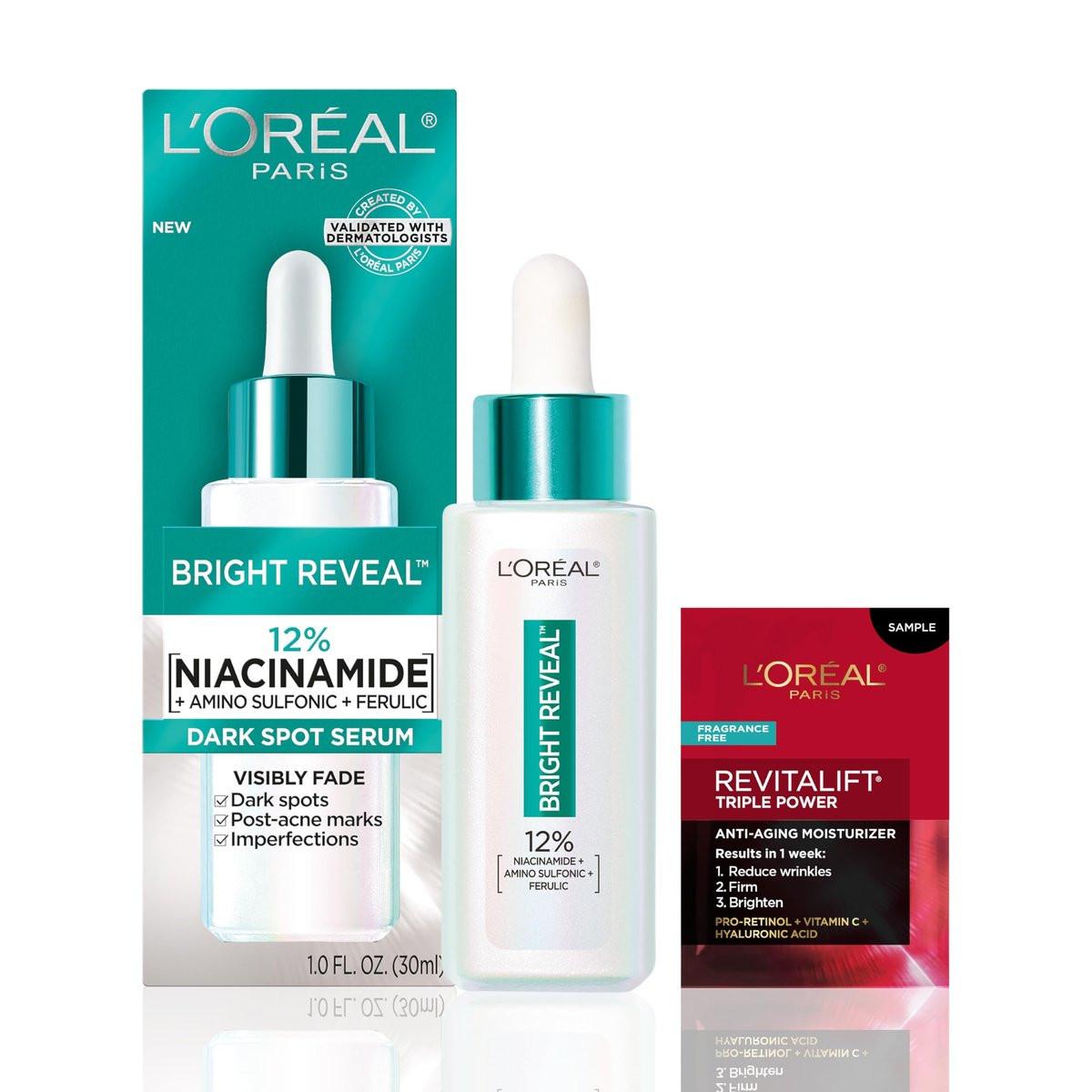 L'Oréal Paris Bright Reveal 12% Niacinamid + Aminosulfonsäure + Ferulasäure Anti-Dunkle-Flecken Serum 30ml + Feuchtigkeitsprobe