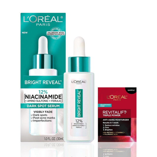 L'Oréal Paris Bright Reveal 12% Niacinamid + Aminosulfonsäure + Ferulasäure Anti-Dunkle-Flecken Serum 30ml + Feuchtigkeitsprobe