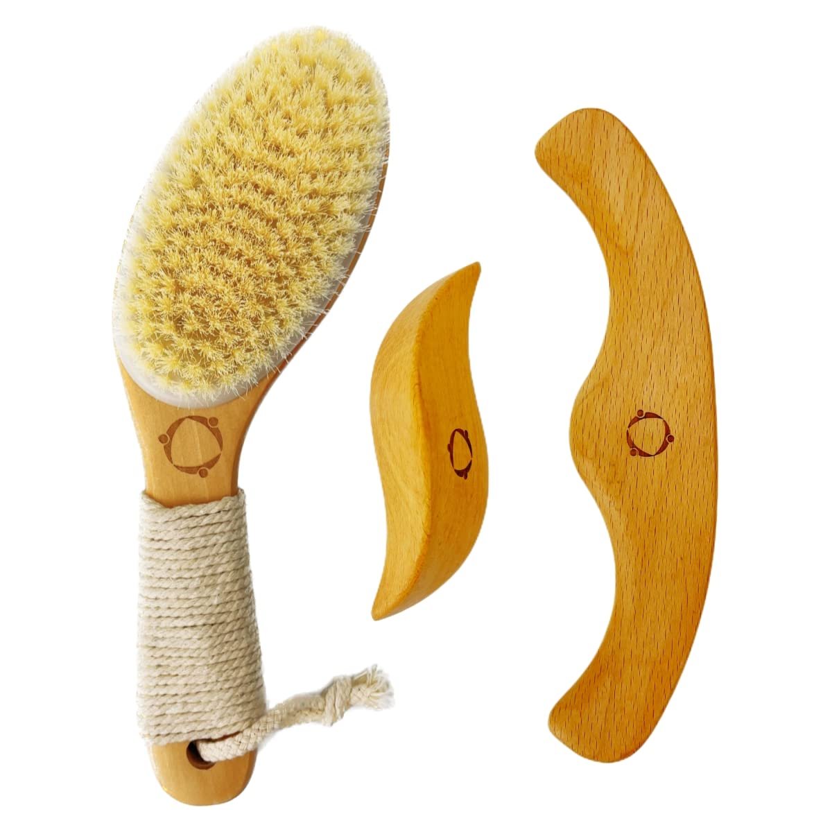 Trockenbürste für Lymphdrainage – Vegane Körperbürste mit ergonomischem Griff + Holz-Massagewerkzeuge für Maderotherapie, Gua Sha, Anti-Cellulite, Körperformung, empfindliche Haut