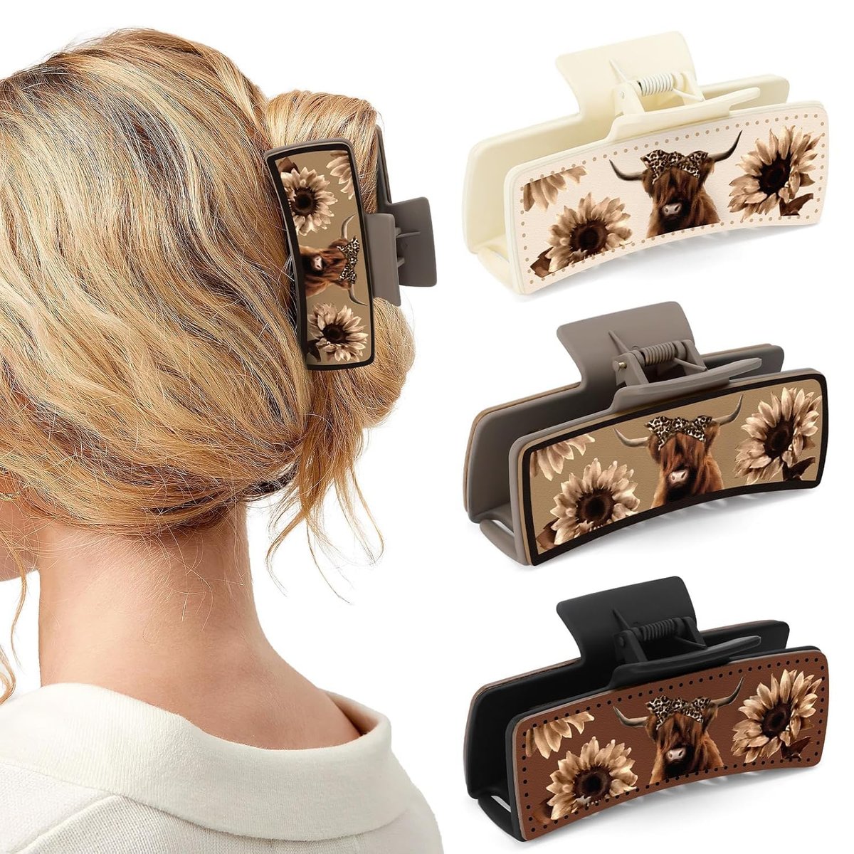 CiyvoLyeen Highland Cow Haarclips aus Lederoptik - 4 Zoll große Haarklammern für Frauen - Matte Lederoptik mit schottischem Kuhmotiv - Neutralfarben - 3er-Set