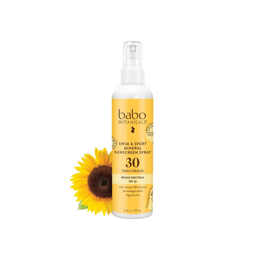 Babo Botanicals Swim & Sport Mineral Sonnenspray SPF 30 – Natürliches Zinkoxid – Gesicht & Körper – Für alle Altersgruppen – Dermatologisch getestet – Tierversuchsfrei – Duftfrei – Wasserresistent