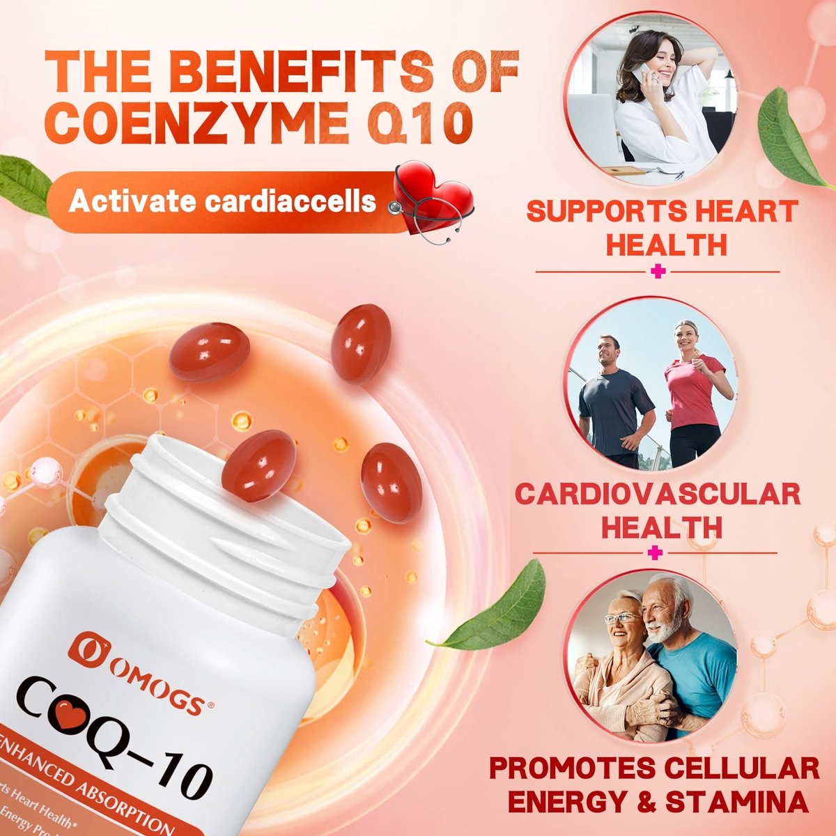 OMOGS CoQ10 400mg Softgels – Hochdosiertes Coenzym Q10 für Herzgesundheit, Immunsystem & Zellenergie, Glutenfrei, 90 Softgels