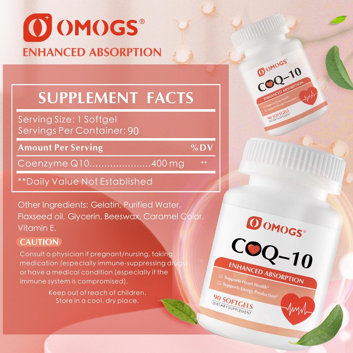 OMOGS CoQ10 400mg Softgels – Hochdosiertes Coenzym Q10 für Herzgesundheit, Immunsystem & Zellenergie, Glutenfrei, 90 Softgels