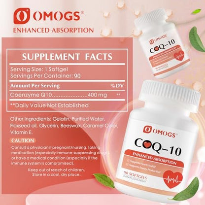 OMOGS CoQ10 400mg Softgels – Hochdosiertes Coenzym Q10 für Herzgesundheit, Immunsystem & Zellenergie, Glutenfrei, 90 Softgels