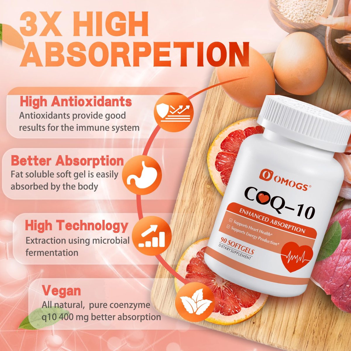 OMOGS CoQ10 400mg Softgels – Hochdosiertes Coenzym Q10 für Herzgesundheit, Immunsystem & Zellenergie, Glutenfrei, 90 Softgels