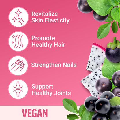 Force Factor Kollagen-Boosting Superfoods – Veganer Kollagen-Booster für Frauen mit Biotin, Hyaluronsäure und Vitamin C – Für Haut, Haare, Nägel und Gelenke – Tropische Frucht – 60 weiche Kautabletten