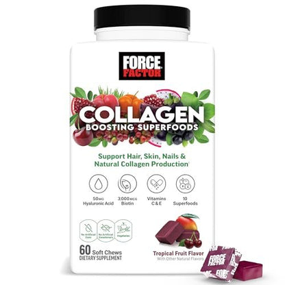 Force Factor Kollagen-Boosting Superfoods – Veganer Kollagen-Booster für Frauen mit Biotin, Hyaluronsäure und Vitamin C – Für Haut, Haare, Nägel und Gelenke – Tropische Frucht – 60 weiche Kautabletten