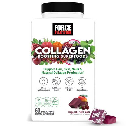 Force Factor Kollagen-Boosting Superfoods – Veganer Kollagen-Booster für Frauen mit Biotin, Hyaluronsäure und Vitamin C – Für Haut, Haare, Nägel und Gelenke – Tropische Frucht – 60 weiche Kautabletten