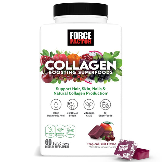 Force Factor Kollagen-Boosting Superfoods – Veganer Kollagen-Booster für Frauen mit Biotin, Hyaluronsäure und Vitamin C – Für Haut, Haare, Nägel und Gelenke – Tropische Frucht – 60 weiche Kautabletten