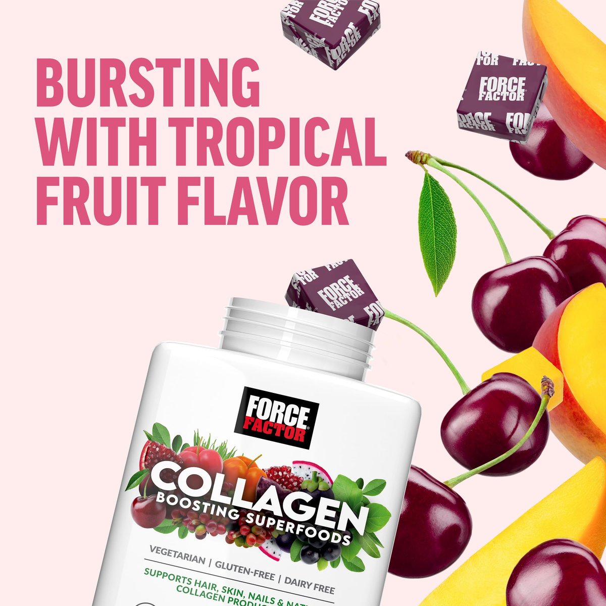 Force Factor Kollagen-Boosting Superfoods – Veganer Kollagen-Booster für Frauen mit Biotin, Hyaluronsäure und Vitamin C – Für Haut, Haare, Nägel und Gelenke – Tropische Frucht – 60 weiche Kautabletten