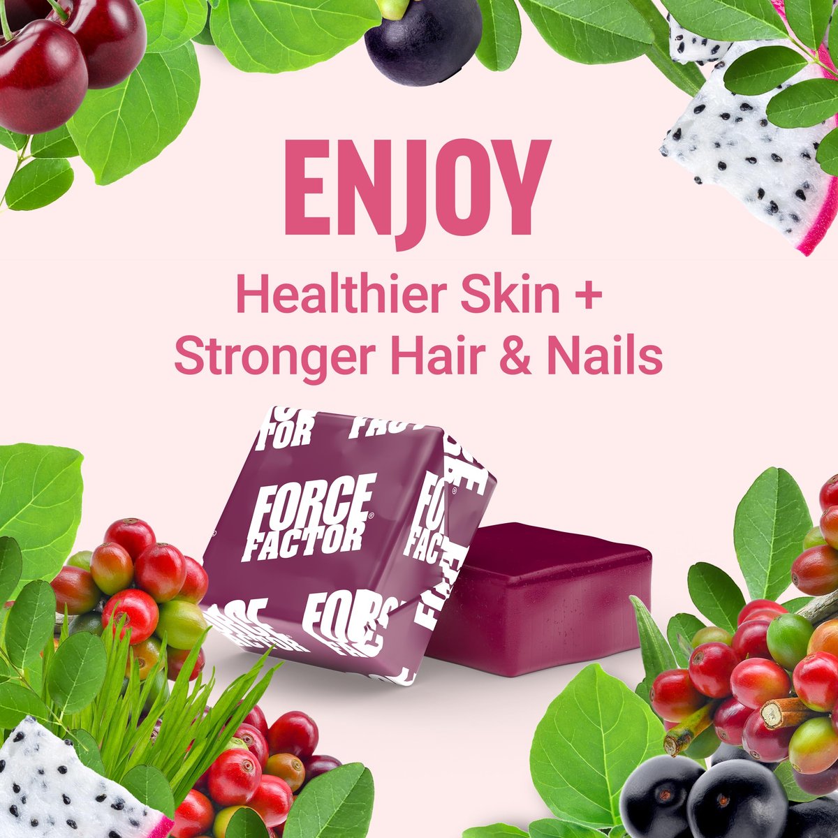 Force Factor Kollagen-Boosting Superfoods – Veganer Kollagen-Booster für Frauen mit Biotin, Hyaluronsäure und Vitamin C – Für Haut, Haare, Nägel und Gelenke – Tropische Frucht – 60 weiche Kautabletten