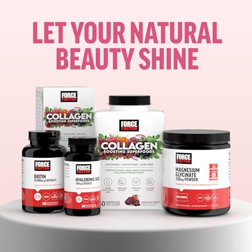 Force Factor Kollagen-Boosting Superfoods – Veganer Kollagen-Booster für Frauen mit Biotin, Hyaluronsäure und Vitamin C – Für Haut, Haare, Nägel und Gelenke – Tropische Frucht – 60 weiche Kautabletten