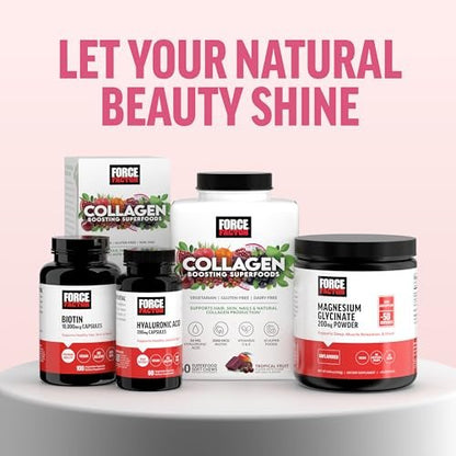 Force Factor Kollagen-Boosting Superfoods – Veganer Kollagen-Booster für Frauen mit Biotin, Hyaluronsäure und Vitamin C – Für Haut, Haare, Nägel und Gelenke – Tropische Frucht – 60 weiche Kautabletten