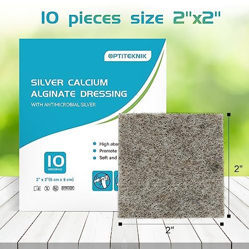 OPTITEKNIK Ag Silver Calcium Alginate Wundauflage Pads 5x5 cm, Packung mit 10 Stück, weiche Silber-Wundauflagen für die Wundversorgung, sanfte, stark saugfähige Wundauflage, nicht haftende Gaze-Pads für Wunden