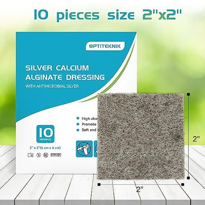 OPTITEKNIK Ag Silver Calcium Alginate Wundauflage Pads 5x5 cm, Packung mit 10 Stück, weiche Silber-Wundauflagen für die Wundversorgung, sanfte, stark saugfähige Wundauflage, nicht haftende Gaze-Pads für Wunden