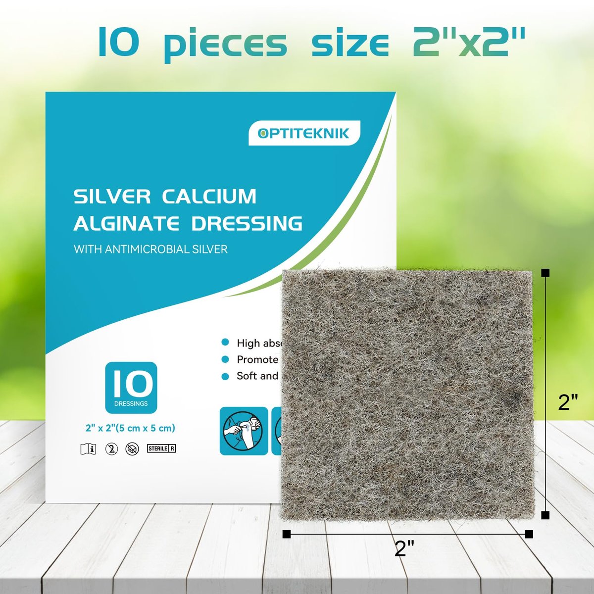 OPTITEKNIK Ag Silver Calcium Alginate Wundauflage Pads 5x5 cm, Packung mit 10 Stück, weiche Silber-Wundauflagen für die Wundversorgung, sanfte, stark saugfähige Wundauflage, nicht haftende Gaze-Pads für Wunden