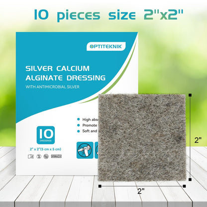 OPTITEKNIK Ag Silver Calcium Alginate Wundauflage Pads 5x5 cm, Packung mit 10 Stück, weiche Silber-Wundauflagen für die Wundversorgung, sanfte, stark saugfähige Wundauflage, nicht haftende Gaze-Pads für Wunden