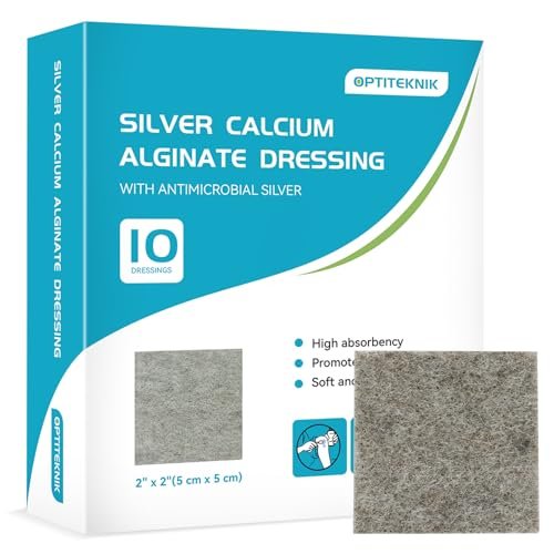 OPTITEKNIK Ag Silver Calcium Alginate Wundauflage Pads 5x5 cm, Packung mit 10 Stück, weiche Silber-Wundauflagen für die Wundversorgung, sanfte, stark saugfähige Wundauflage, nicht haftende Gaze-Pads für Wunden