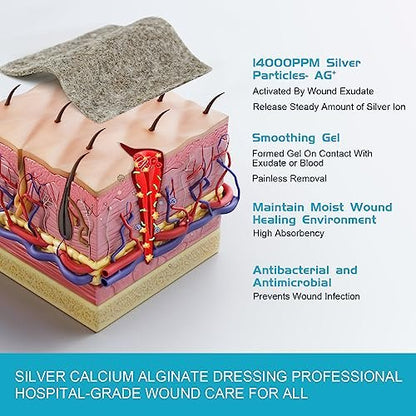 OPTITEKNIK Ag Silver Calcium Alginate Wundauflage Pads 5x5 cm, Packung mit 10 Stück, weiche Silber-Wundauflagen für die Wundversorgung, sanfte, stark saugfähige Wundauflage, nicht haftende Gaze-Pads für Wunden