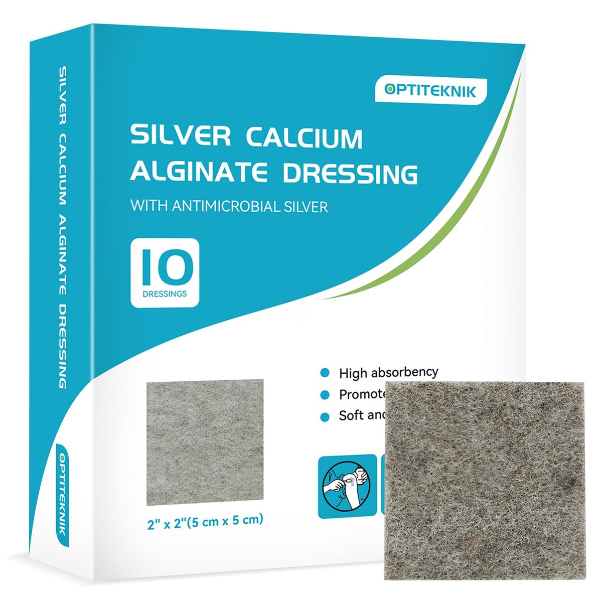 OPTITEKNIK Ag Silver Calcium Alginate Wundauflage Pads 5x5 cm, Packung mit 10 Stück, weiche Silber-Wundauflagen für die Wundversorgung, sanfte, stark saugfähige Wundauflage, nicht haftende Gaze-Pads für Wunden