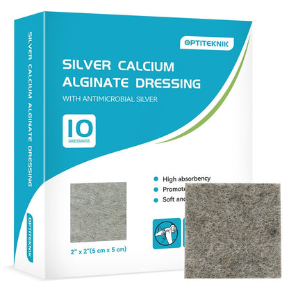OPTITEKNIK Ag Silver Calcium Alginate Wundauflage Pads 5x5 cm, Packung mit 10 Stück, weiche Silber-Wundauflagen für die Wundversorgung, sanfte, stark saugfähige Wundauflage, nicht haftende Gaze-Pads für Wunden