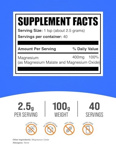 BulkSupplements.com Magnesium Malat Pulver – Hoch bioverfügbares Magnesiumpräparat, geschmacksneutral & glutenfrei, 2,5 g pro Portion, 100 g (3,5 Unzen) (1er-Pack)
