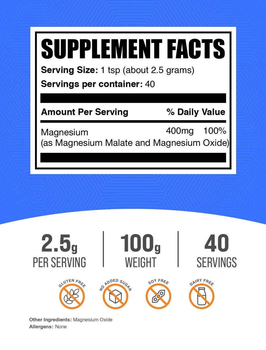 BulkSupplements.com Magnesium Malat Pulver – Hoch bioverfügbares Magnesiumpräparat, geschmacksneutral & glutenfrei, 2,5 g pro Portion, 100 g (3,5 Unzen) (1er-Pack)