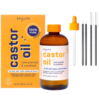 SpaLife Bio Kaltgepresstes Rizinusöl für Gesicht, Augenbrauen, Haare, Haut, Nägel & Wimpern | Muttertagsgeschenk | Hexanfrei, mit 2 Augenbrauenbürsten, 2 Wimpernapplikatoren & Pipette | 240 ml