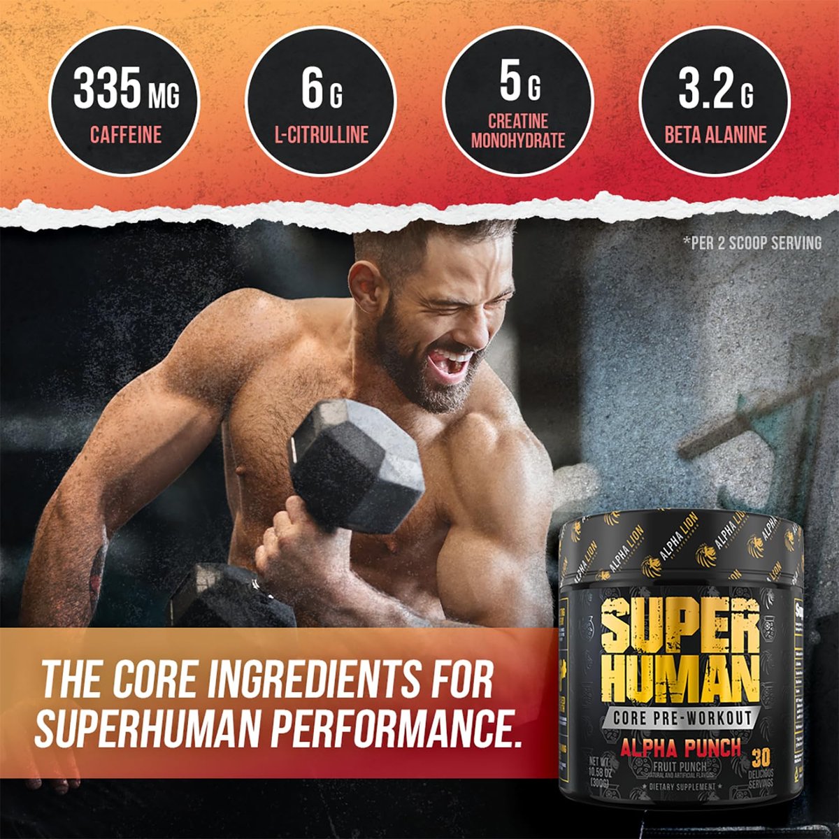 ALPHA LION Core Pre-Workout Pulver mit Kreatin, Beta-Alanin, L-Citrullin & Tri-Quellen-Koffein für langanhaltende Energie (30 Portionen, Fruchtpunsch-Geschmack)