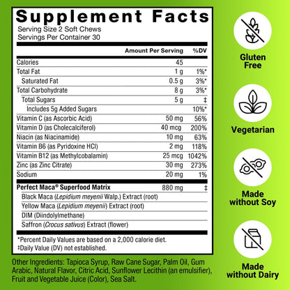 Force Factor Perfect Maca – Maca-Wurzel & DIM Komplex mit Safran für mehr Energie und Stimmung – Dunkle Kirsche, 60 Soft Chews