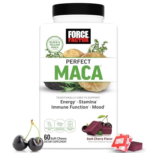 Force Factor Perfect Maca – Maca-Wurzel & DIM Komplex mit Safran für mehr Energie und Stimmung – Dunkle Kirsche, 60 Soft Chews