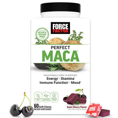Force Factor Perfect Maca – Maca-Wurzel & DIM Komplex mit Safran für mehr Energie und Stimmung – Dunkle Kirsche, 60 Soft Chews