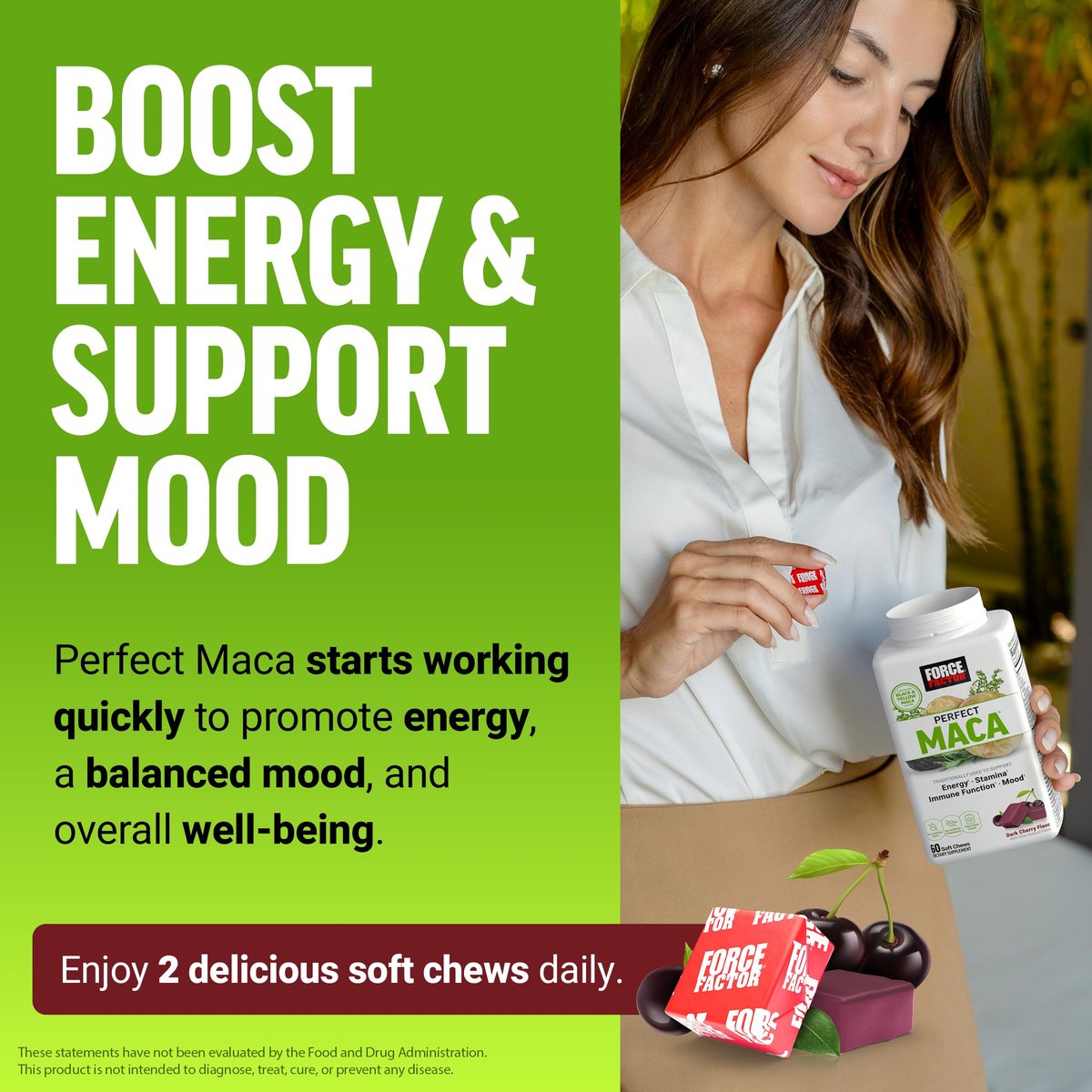 Force Factor Perfect Maca – Maca-Wurzel & DIM Komplex mit Safran für mehr Energie und Stimmung – Dunkle Kirsche, 60 Soft Chews