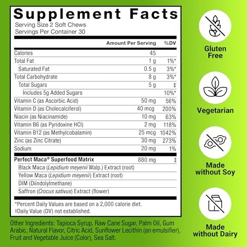 Force Factor Perfect Maca – Maca-Wurzel & DIM Komplex mit Safran für mehr Energie und Stimmung – Dunkle Kirsche, 60 Soft Chews