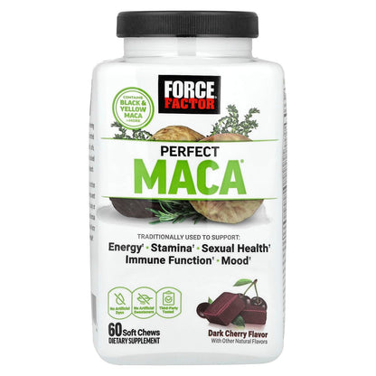Force Factor Perfect Maca – Maca-Wurzel & DIM Komplex mit Safran für mehr Energie und Stimmung – Dunkle Kirsche, 60 Soft Chews