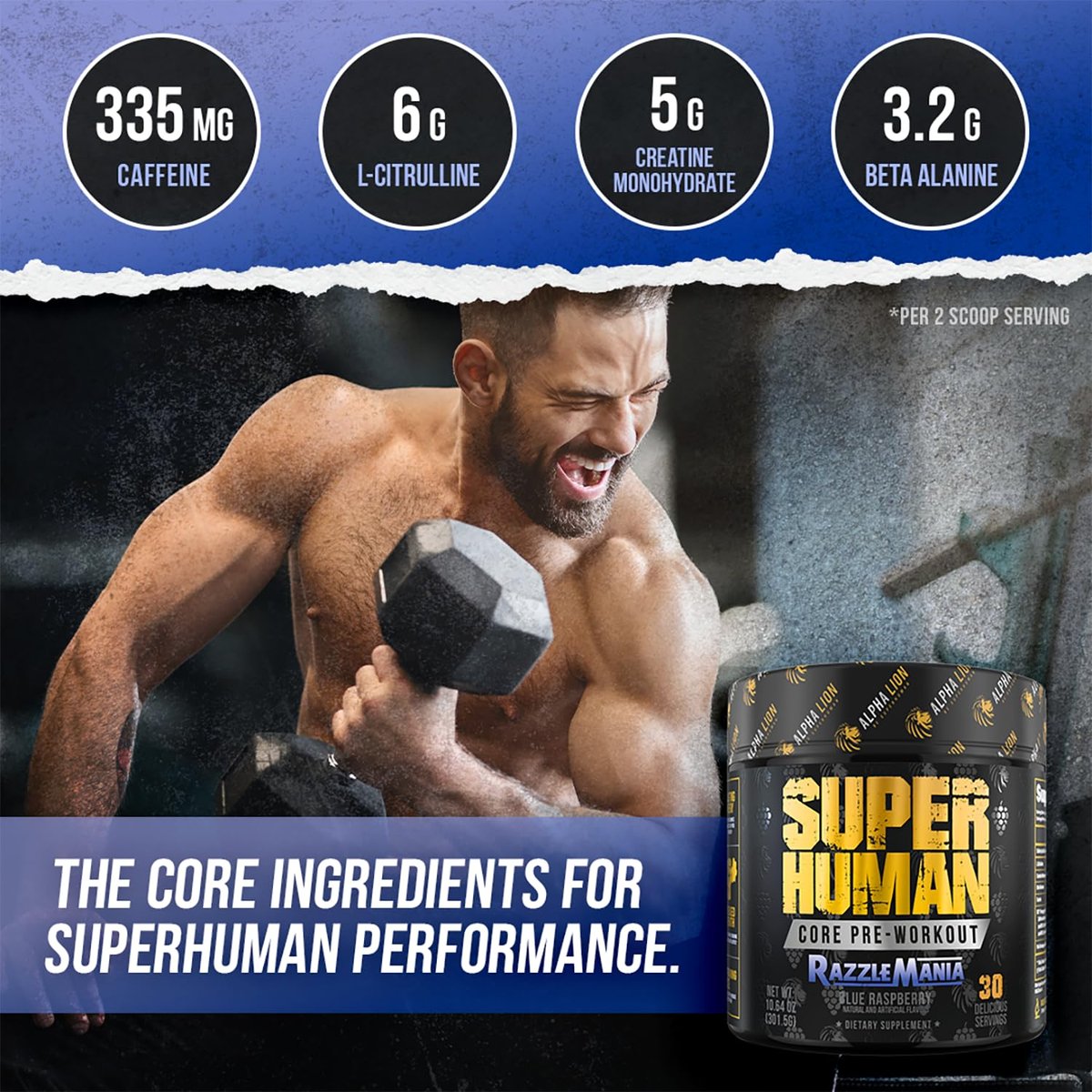 ALPHA LION Core Pre-Workout mit Kreatin, Beta-Alanin, L-Citrullin & Triple-Coffein – 30 Portionen, Blaue Himbeere