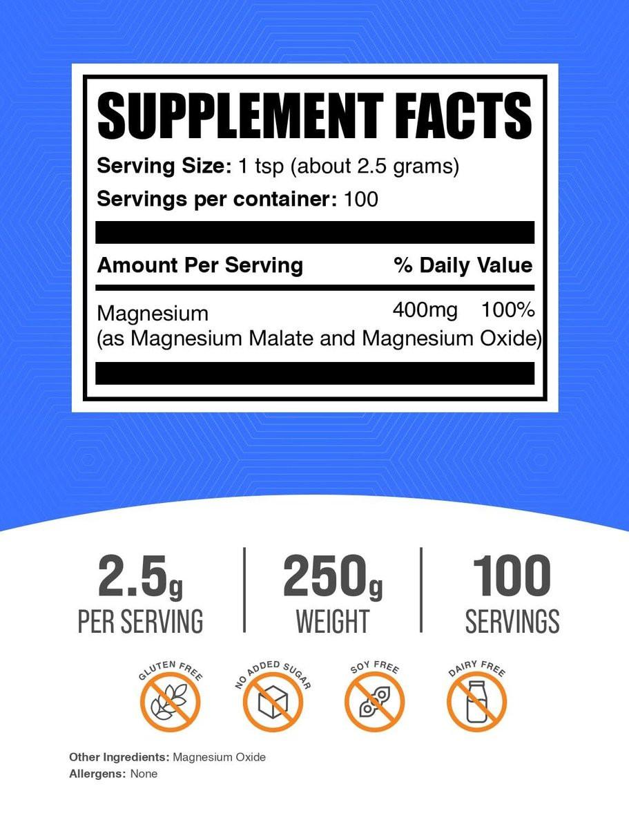 BulkSupplements.com Magnesiummalat Pulver – Hoch bioverfügbares Magnesiumpräparat, geschmacksneutral & glutenfrei, 2,5 g pro Portion, 250 g (8,8 oz) (1er-Pack)
