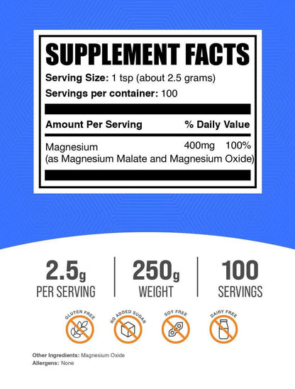 BulkSupplements.com Magnesiummalat Pulver – Hoch bioverfügbares Magnesiumpräparat, geschmacksneutral & glutenfrei, 2,5 g pro Portion, 250 g (8,8 oz) (1er-Pack)