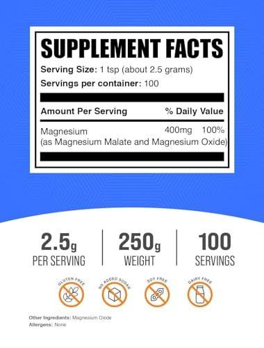 BulkSupplements.com Magnesiummalat Pulver – Hoch bioverfügbares Magnesiumpräparat, geschmacksneutral & glutenfrei, 2,5 g pro Portion, 250 g (8,8 oz) (1er-Pack)