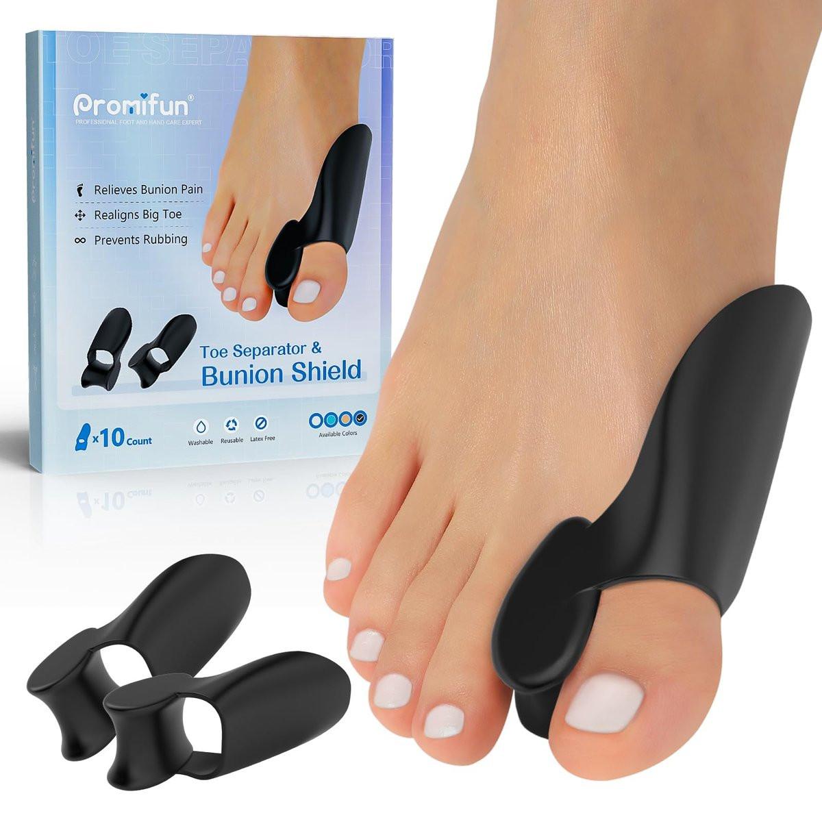 Promifun Ballenzehenpolster-Schutz, 10er-Pack Ballenzehenkorrektur-Pads mit Zehenspreizer für den großen Zeh, Gel-Schutz zur Schmerzlinderung bei Ballenzehen, Hühneraugen, Hornhaut - Schwarz