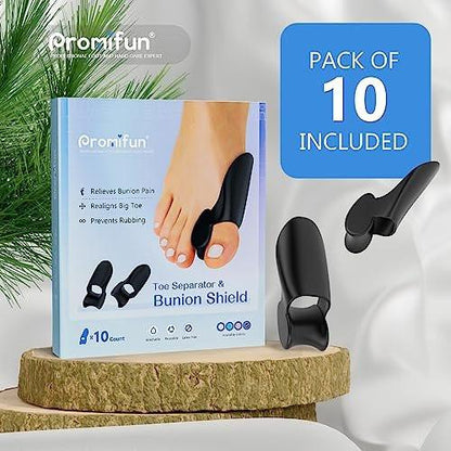 Promifun Ballenzehenpolster-Schutz, 10er-Pack Ballenzehenkorrektur-Pads mit Zehenspreizer für den großen Zeh, Gel-Schutz zur Schmerzlinderung bei Ballenzehen, Hühneraugen, Hornhaut - Schwarz