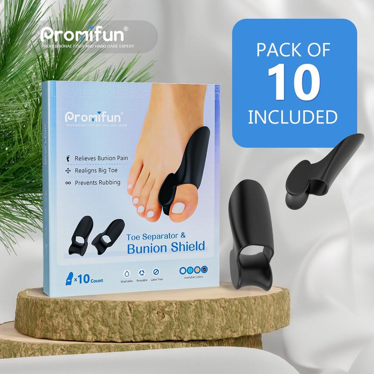 Promifun Ballenzehenpolster-Schutz, 10er-Pack Ballenzehenkorrektur-Pads mit Zehenspreizer für den großen Zeh, Gel-Schutz zur Schmerzlinderung bei Ballenzehen, Hühneraugen, Hornhaut - Schwarz