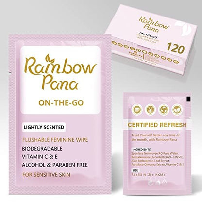 RainbowPana Femininpflegetücher, 120 Stück einzeln verpackt | Feuchttücher für Frauen, Reisetücher, pH-ausgeglichen, biologisch abbaubar