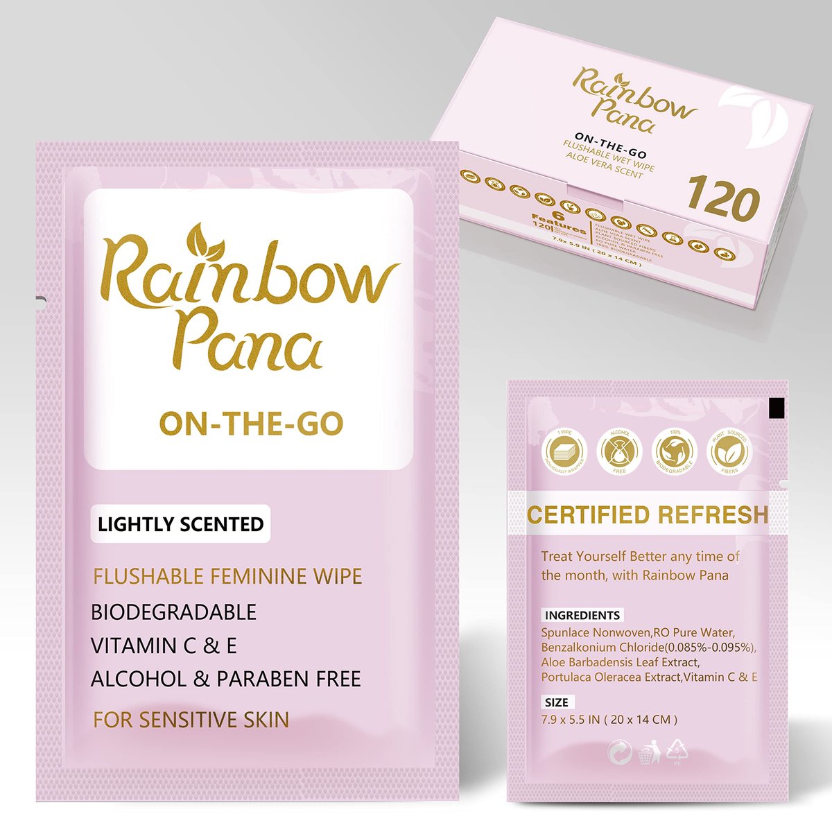 RainbowPana Femininpflegetücher, 120 Stück einzeln verpackt | Feuchttücher für Frauen, Reisetücher, pH-ausgeglichen, biologisch abbaubar